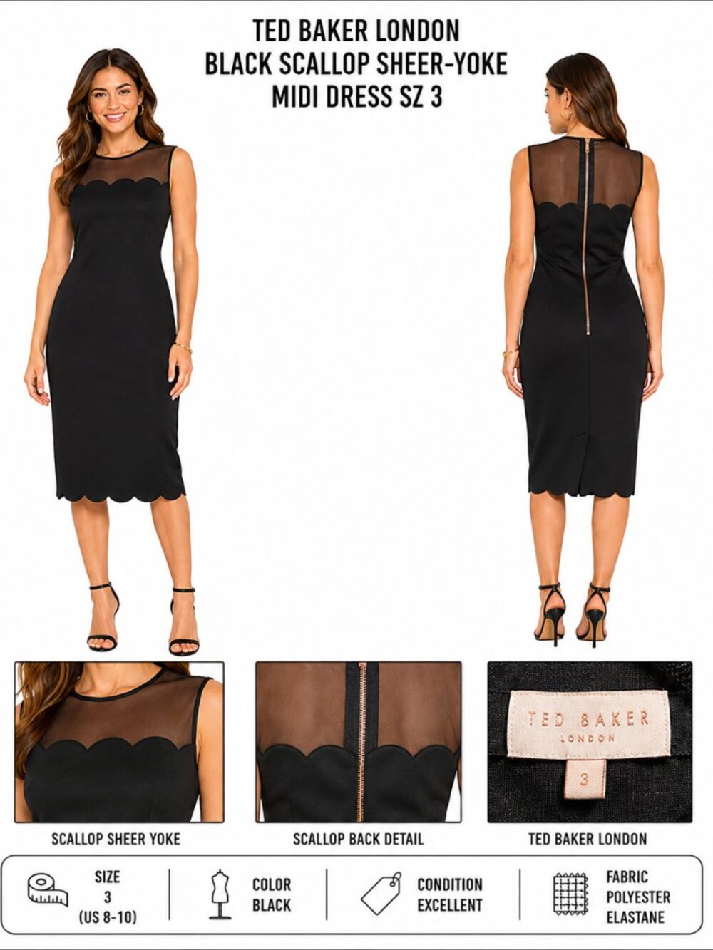 TED BAKER LONDON BLACK SCALLOP SHEER-YOKE MIDI DRESS SZ 3 / US 8-10